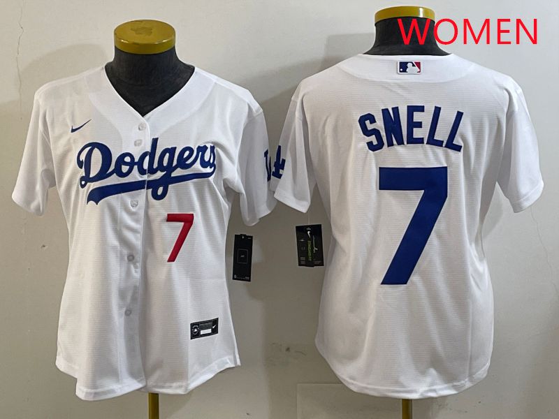Women Los Angeles Dodgers #7 Snell White Game 2025 Nike MLB Jersey style 6->women mlb jersey->Women Jersey